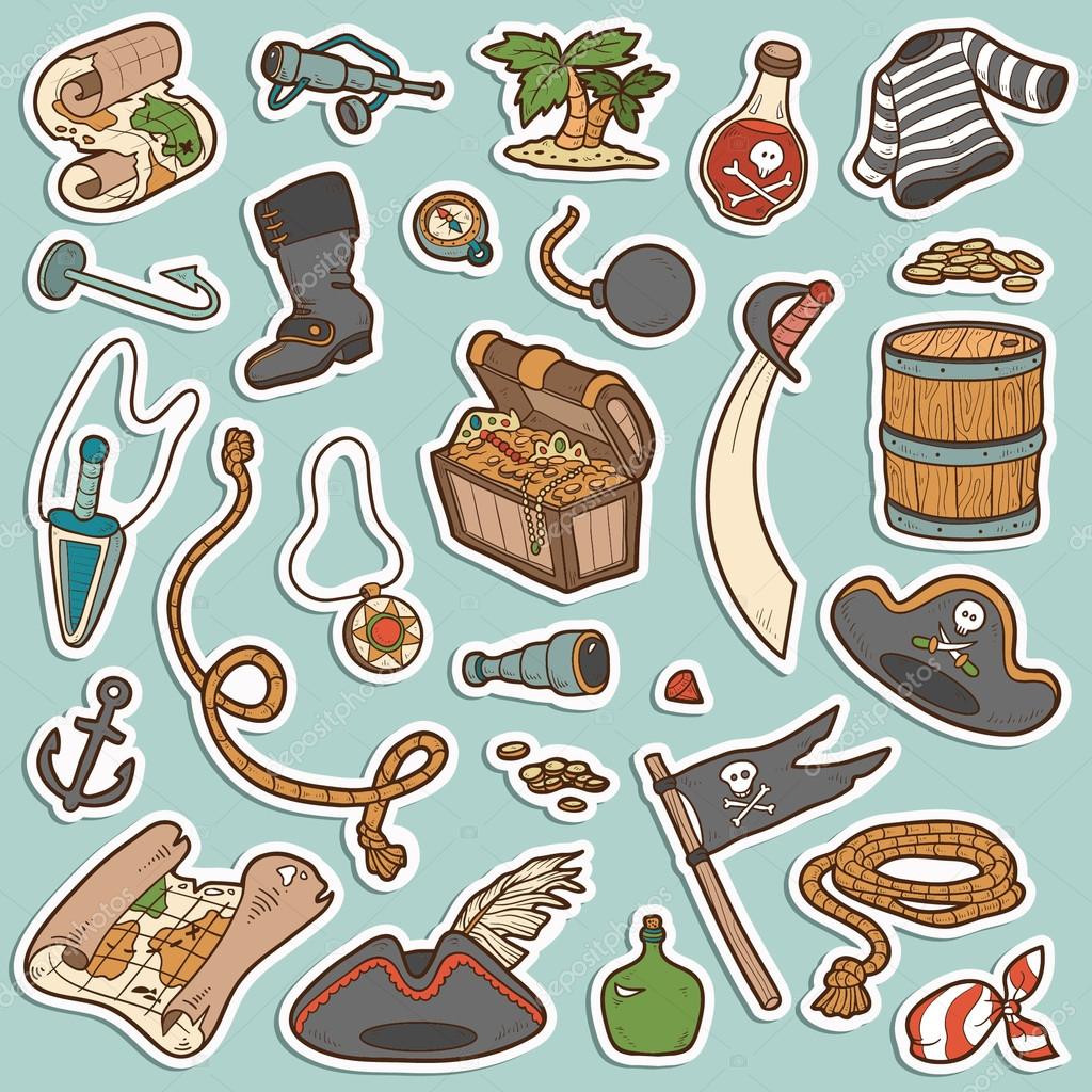 Vector set of pirate items, color stickers 