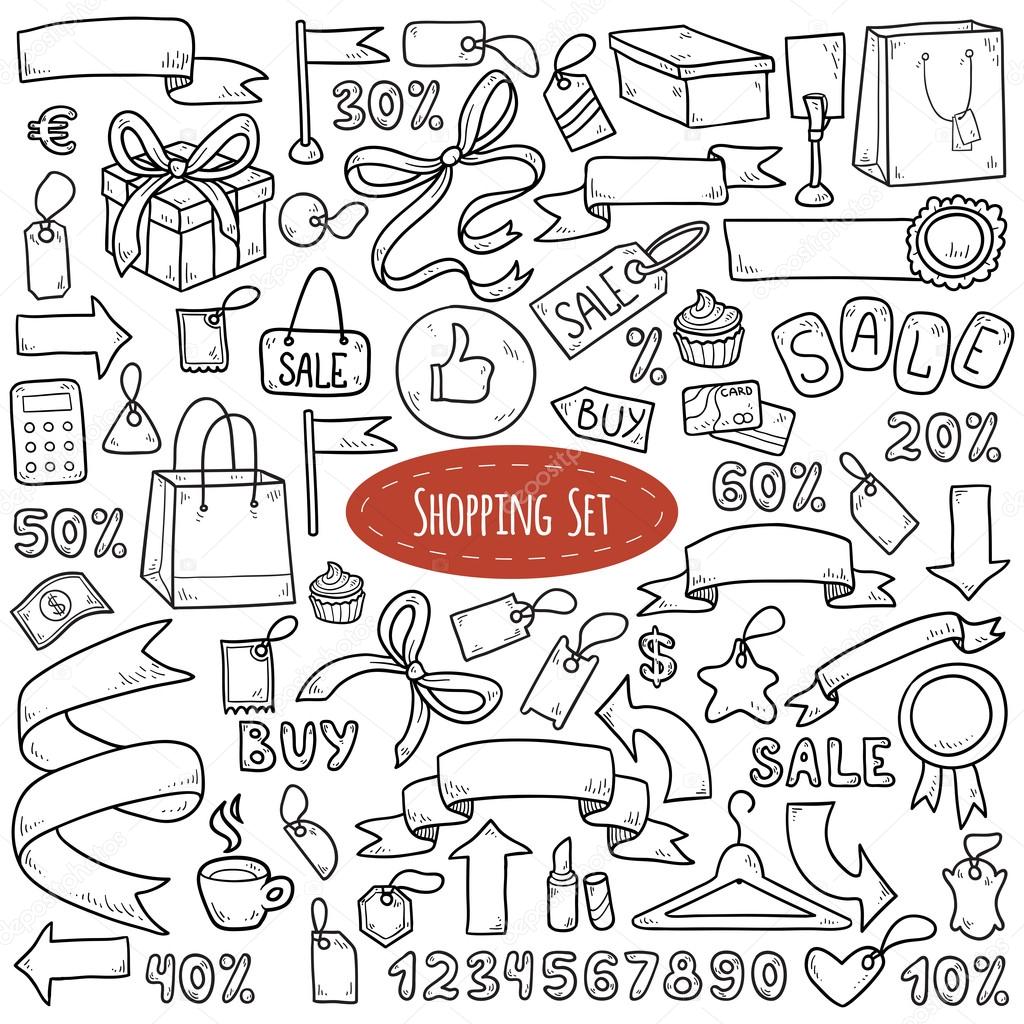 Vector set of shopping items, colorless cartoon collection