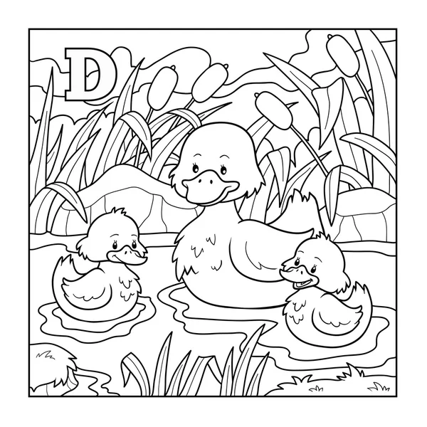 Coloring book (duck), colorless illustration (letter D) — Stock Vector