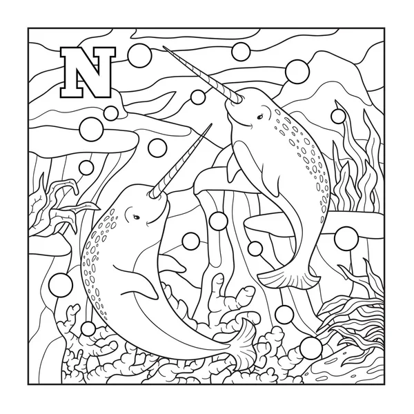 Kleurboek (narwal), kleurloze illustratie (letter N) — Stockvector