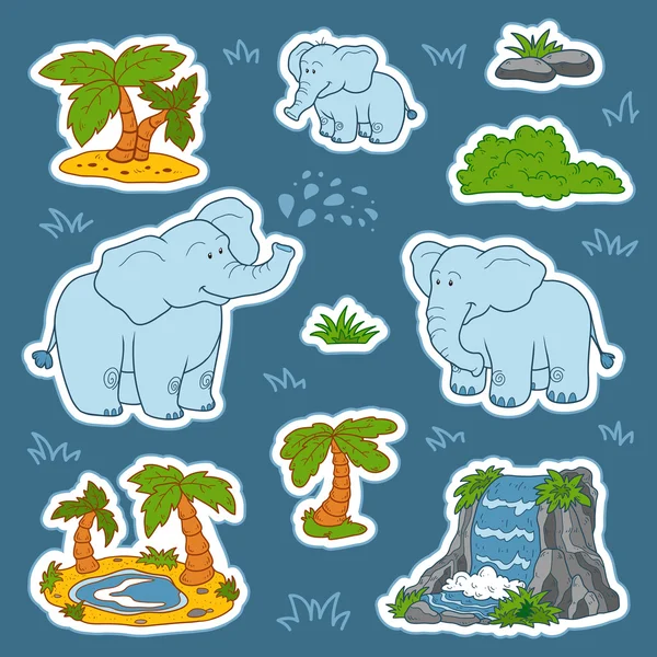 Set of cute elephants and natural sites, vector stickers of anim — Stock Vector