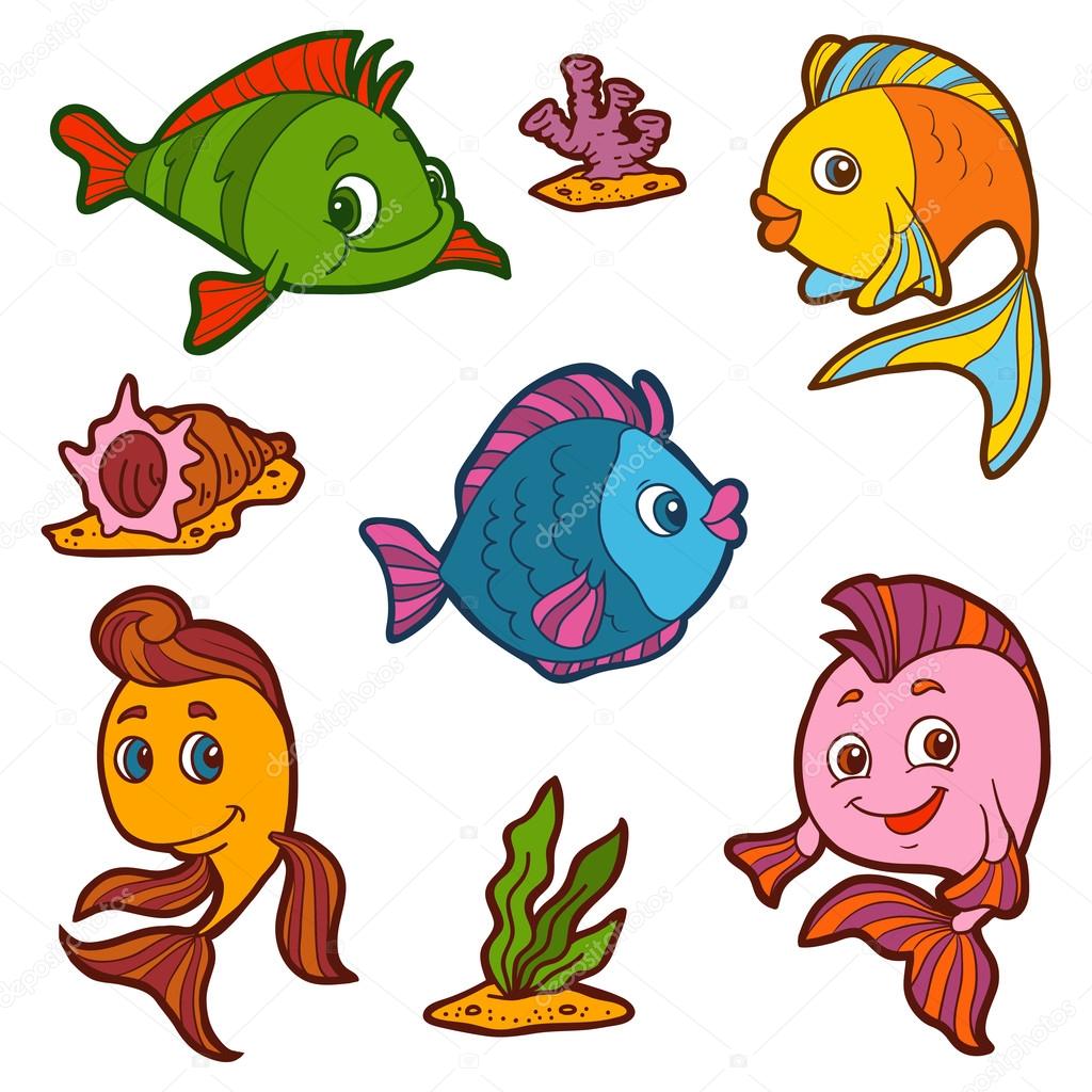 Set of cute fish and natural sites, vector stickers
