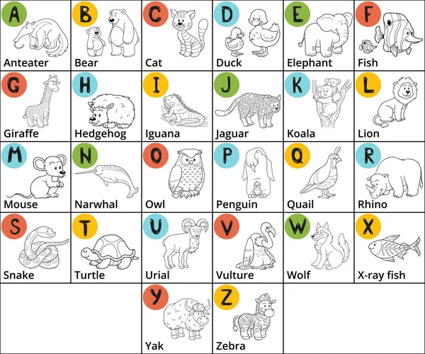 Vector kleurloze dierentuin alfabet met schattige dieren op witte achtergrond. Vierkante kaart met dieren en/of letters A-Z — Stockvector