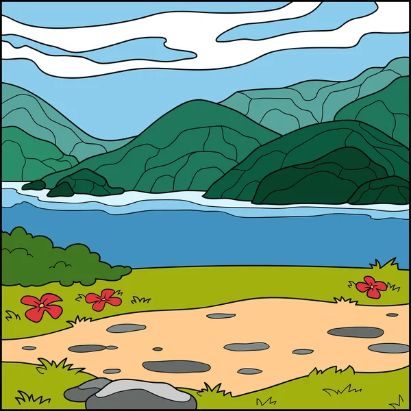 ภาพเวกเตอร์ พื้นหลังธรรมชาติ (ภูเขาและทะเล ) — ภาพเวกเตอร์สต็อก