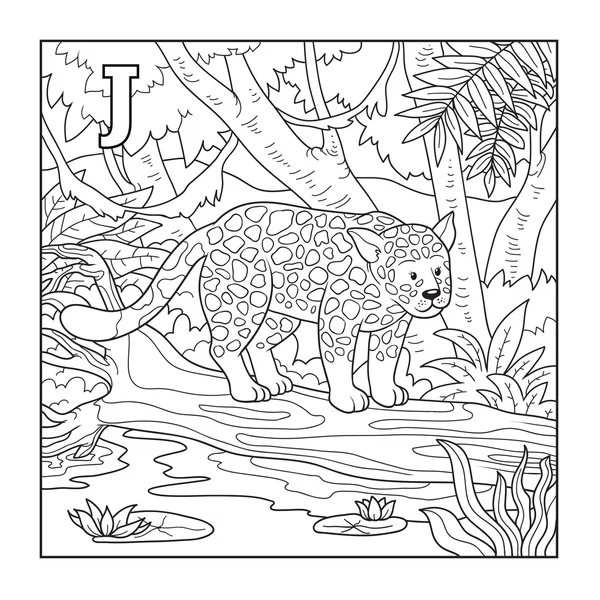 Libro para colorear (jaguar), ilustración incolora (letra J ) — Vector de stock