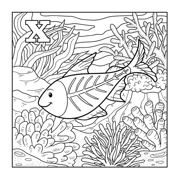 Livro para colorir (peixe de raios X), ilustração incolor (letra X ) — Vetor de Stock