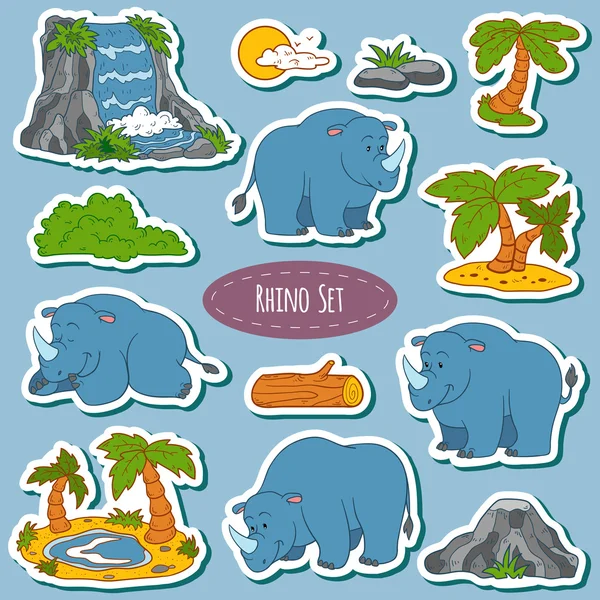 Set of various cute rhino, vector stickers of animals and items — Stock Vector