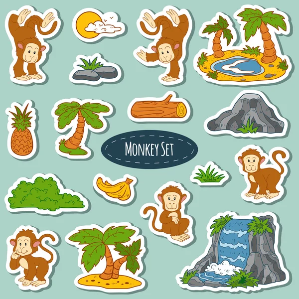 Set of various cute monkey, vector stickers of animals and items — Stock Vector