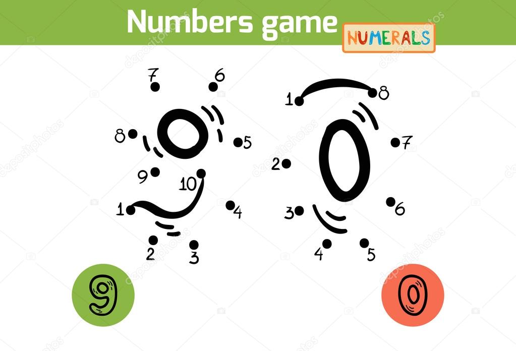 Numbers game (Numerals): nine, zero. Numbers from one to ten