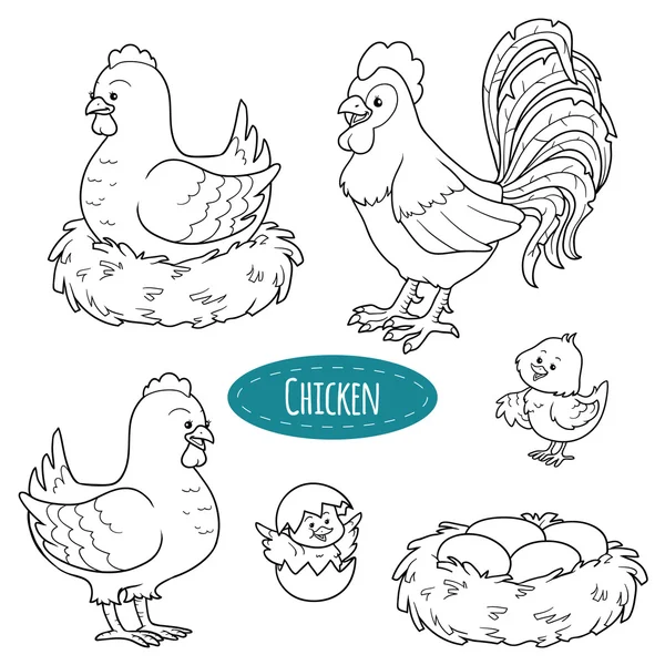 Conjunto de animales de granja lindos y objetos, vector de pollo de la familia — Vector de stock