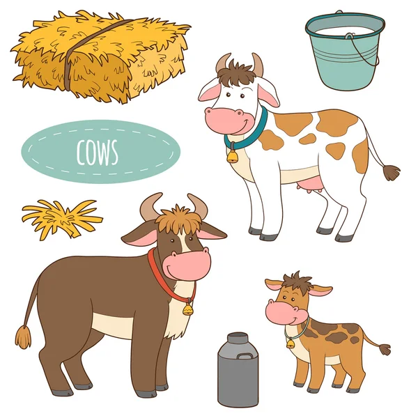 Conjunto de animales de granja lindos y objetos, vector de vacas de la familia — Archivo Imágenes Vectoriales