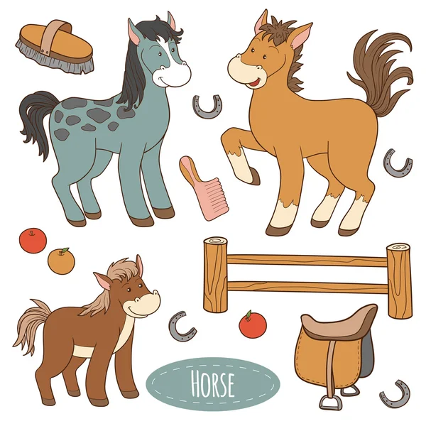 Set of cute farm animals and objects, vector family horse — Stock Vector