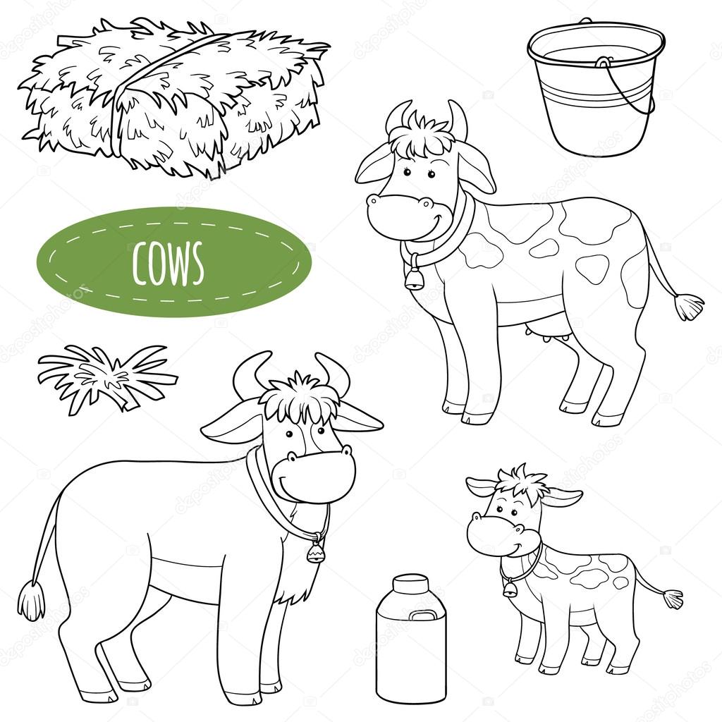 Set of cute farm animals and objects, vector family cows