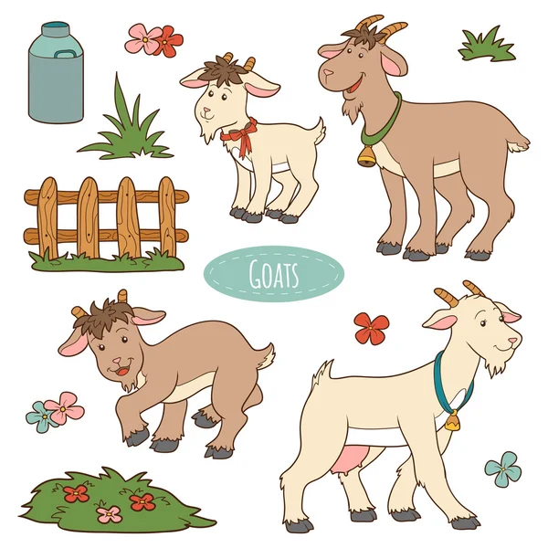 Conjunto de animales de granja y objetos lindos, cabras de la familia vector — Archivo Imágenes Vectoriales