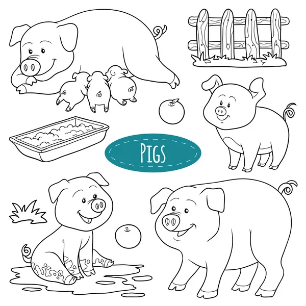 Conjunto de animais e objetos de fazenda bonitos, porcos da família vetorial — Vetor de Stock