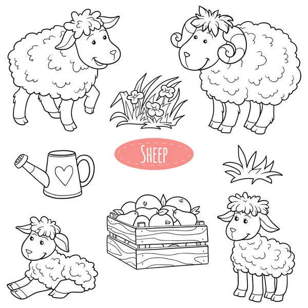Conjunto de animales de granja y objetos lindos, ovejas de la familia vector — Vector de stock