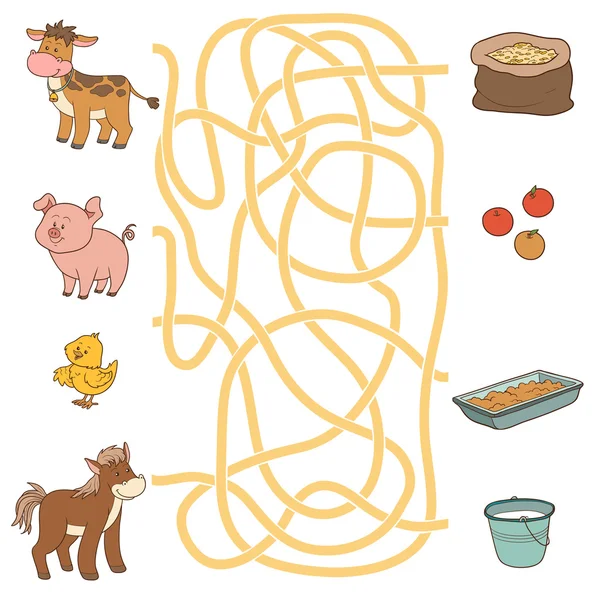 Jogo de labirinto (animais de fazenda e comida). Vaca, porco, galinha, cavalo —  Vetores de Stock