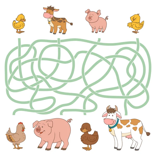 Jeu de labyrinthe (animaux de ferme - vache, porc, poulet, canard ) — Image vectorielle