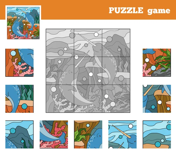 Puzzel spel voor kinderen met dieren (narwal zee wereld) — Stockvector
