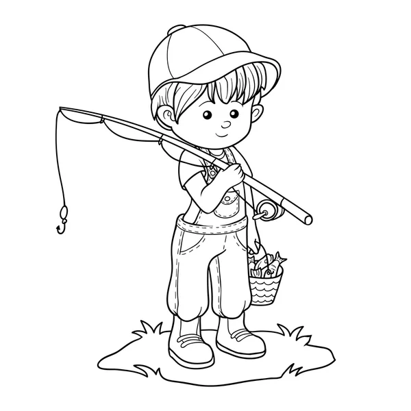 Libro para colorear (niño pescador ) — Vector de stock