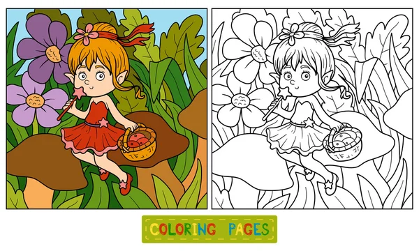 Libro para colorear (pequeño hada con una cesta de frutas ) — Vector de stock