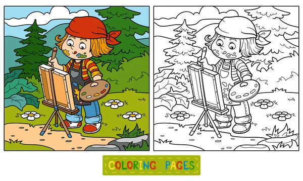 Libro para colorear (Chica artista se basa en la naturaleza, al aire libre ) — Vector de stock