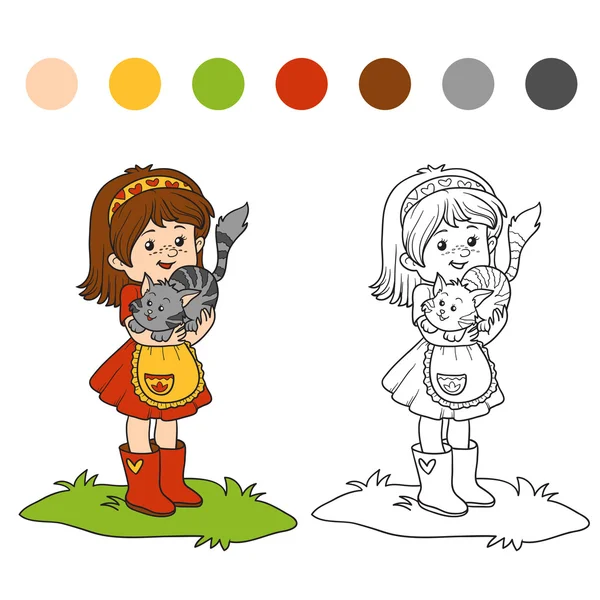 Libro para colorear (niña con gato lindo ) — Archivo Imágenes Vectoriales