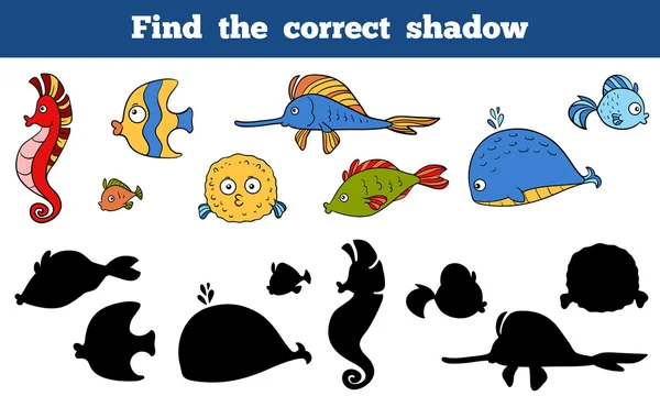 Finde den richtigen Schatten (Meereslebewesen, Fische, Seepferdchen, Wale)) — Stockvektor