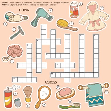 Vector color crossword, education game for children about bathro