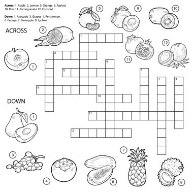 Vector colorless crossword, game for children about fruits 
