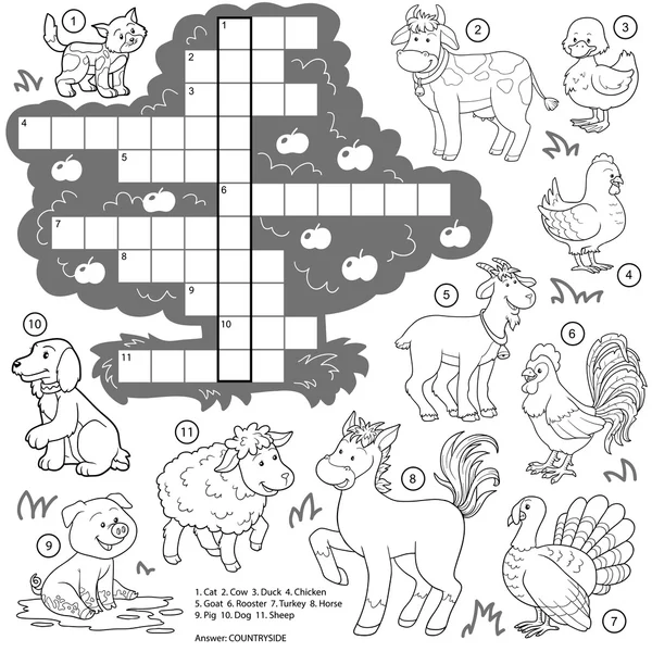 Vector colorless crossword, education game about farm animals — Wektor stockowy