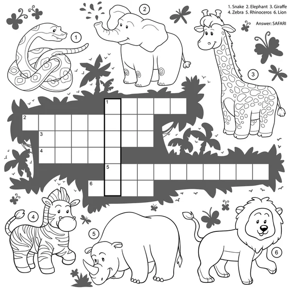 Crucigrama incoloro vectorial, juego de educación sobre animales de safari — Archivo Imágenes Vectoriales