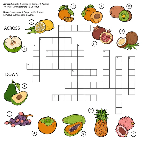 Vector korsord, spel för barn om frukter — Stock vektor