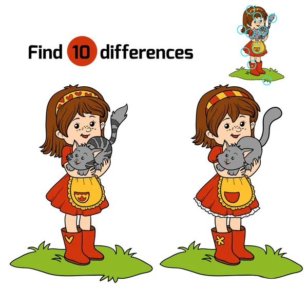 Unterschiede finden Spiel (kleines Mädchen mit niedlicher Katze) — Stockvektor