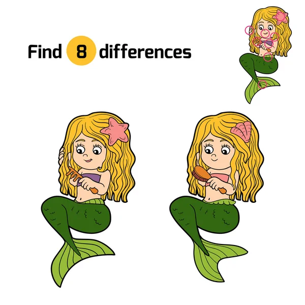 Find differences game (little girl mermaid) — Stock Vector