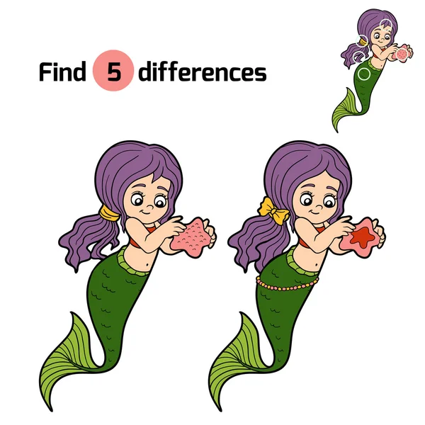 Find differences game (little girl mermaid) — Stock Vector