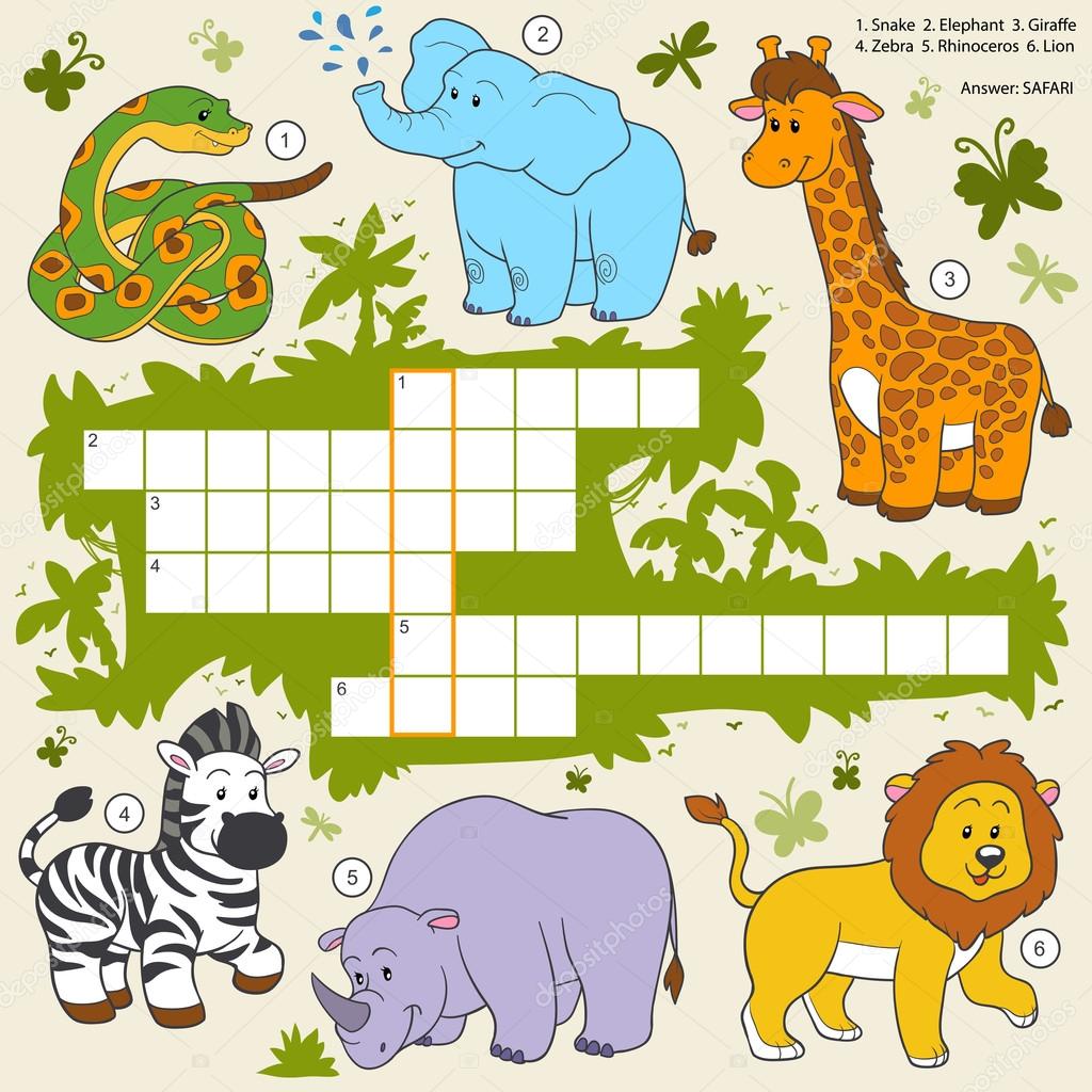Vector color crossword, education game about safari animals
