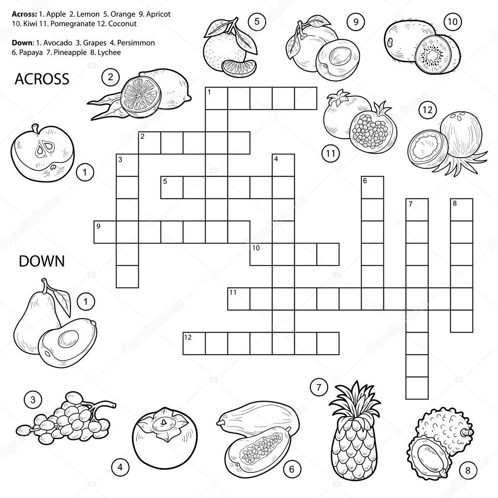 Vector colorless crossword, game for children about fruits 