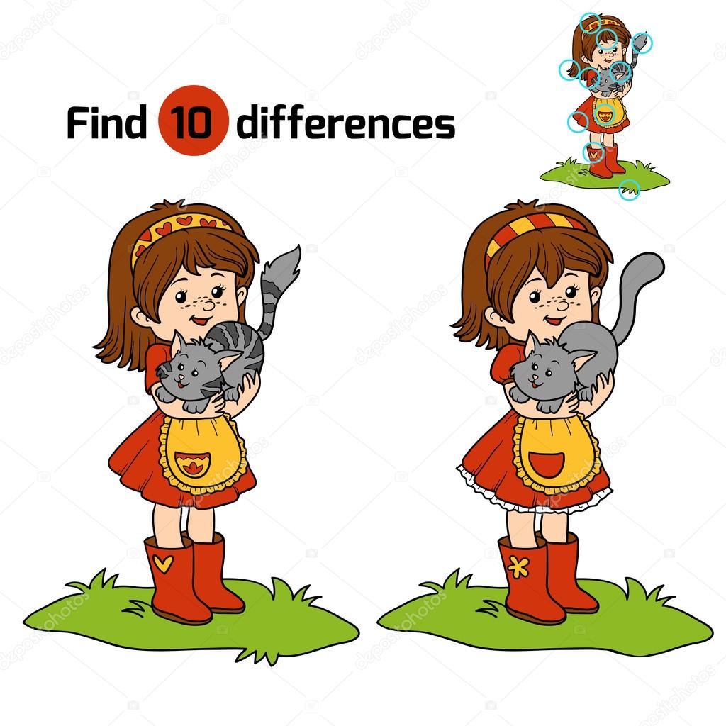 Find differences game (little girl with cute cat)