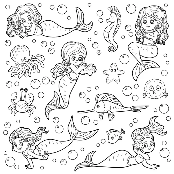 Colorless vector set of little girls mermaids and fish — Stock Vector