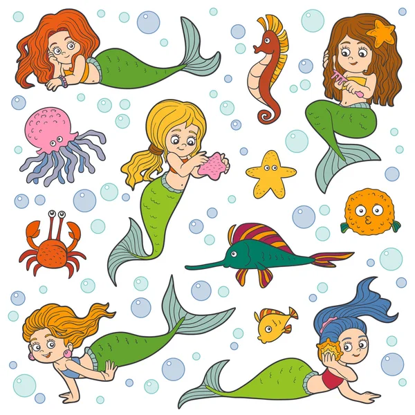 Color vector set of little girls mermaids and fish — Stock Vector