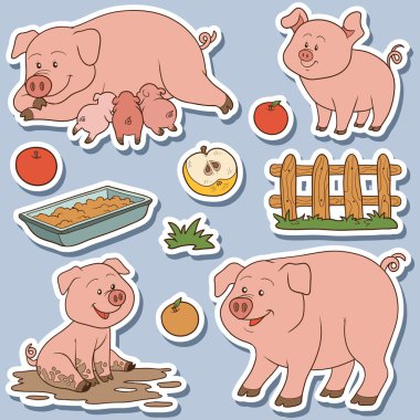 Color set of cute domestic animals and objects, vector family pi clipart