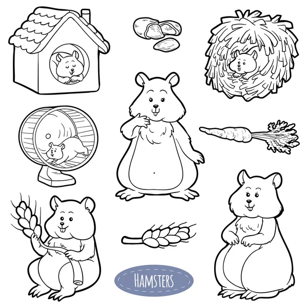 Colorless set of cute domestic animals and objects (hamster) — Stock Vector