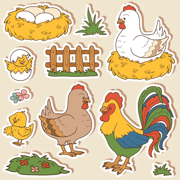 Kleurenset schattig landbouwhuisdieren en objecten, vector familie chicke — Stockvector