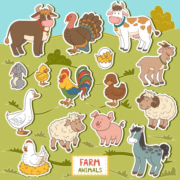 Colorido conjunto de lindos animales de granja y objetos, pegatinas de vectores w — Vector de stock