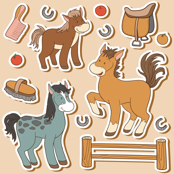 Цветной набор милых сельскохозяйственных животных и предметов, векторная семейная лошадь — стоковый вектор