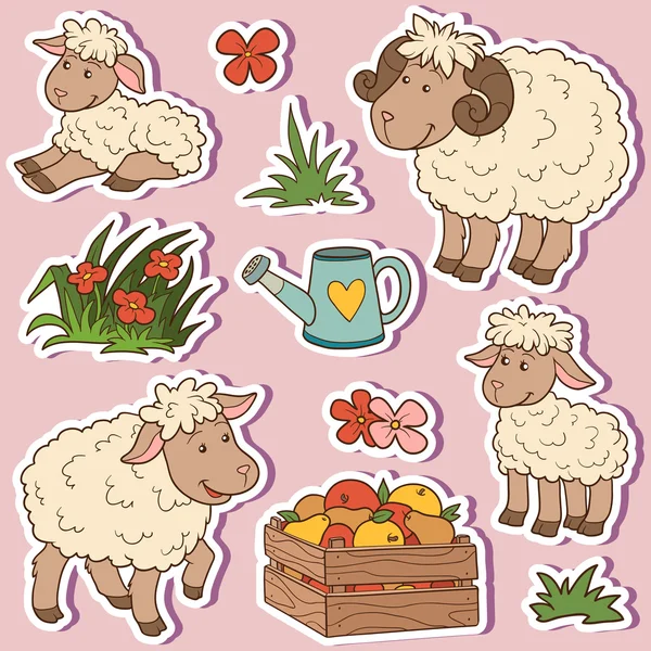 Farm animals set, vector stickers with sheep family and farm ite — Stock Vector