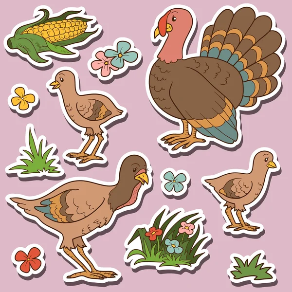 Farm animals set, vector stickers with turkey family and farm it — Stock Vector