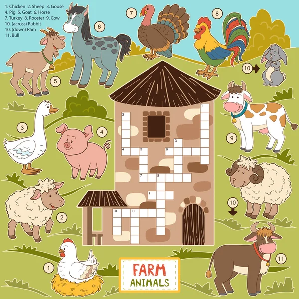 Mots croisés vectoriels, jeu éducatif pour les enfants sur les animaux de ferme — Image vectorielle