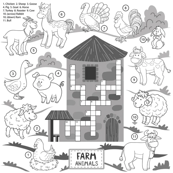Vektor keresztrejtvény, oktatási játék a gyermekek számára körülbelül tanya állatok — Stock Vector